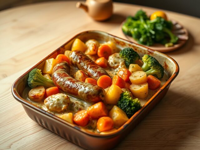 Ovenschotel met worstjes en gemengde groenten