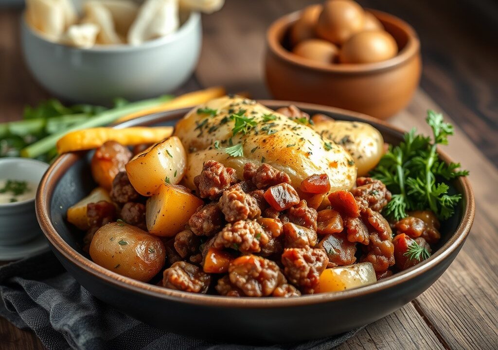 Ovenschotel met zuurkool en pittig gehakt — AI-gegenereerde illustratie