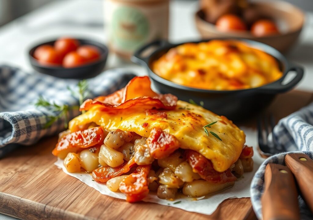 Ovenschotel met zuurkool en spekjes, AI-gegenereerde illustratie
