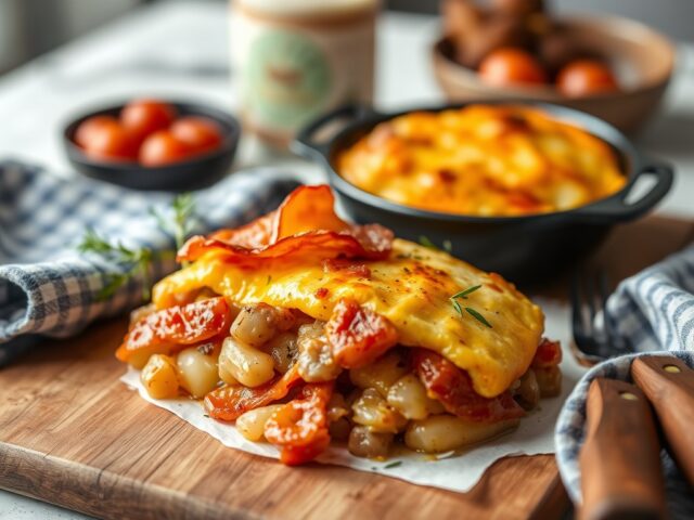 Ovenschotel met zuurkool en spekjes — AI-gegenereerde illustratie