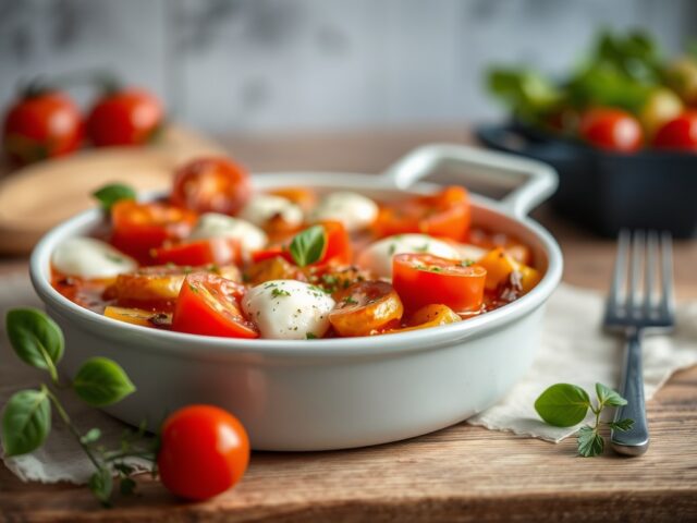 Ovenschotel met zuurkool, tomaat en mozzarella — AI-gegenereerde illustratie