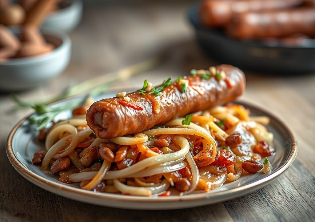 Ovenschotel van zuurkool met rookworst, AI-gegenereerde illustratie