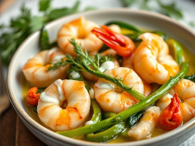 Ovenschoteltje van scampi’s in ’t groen