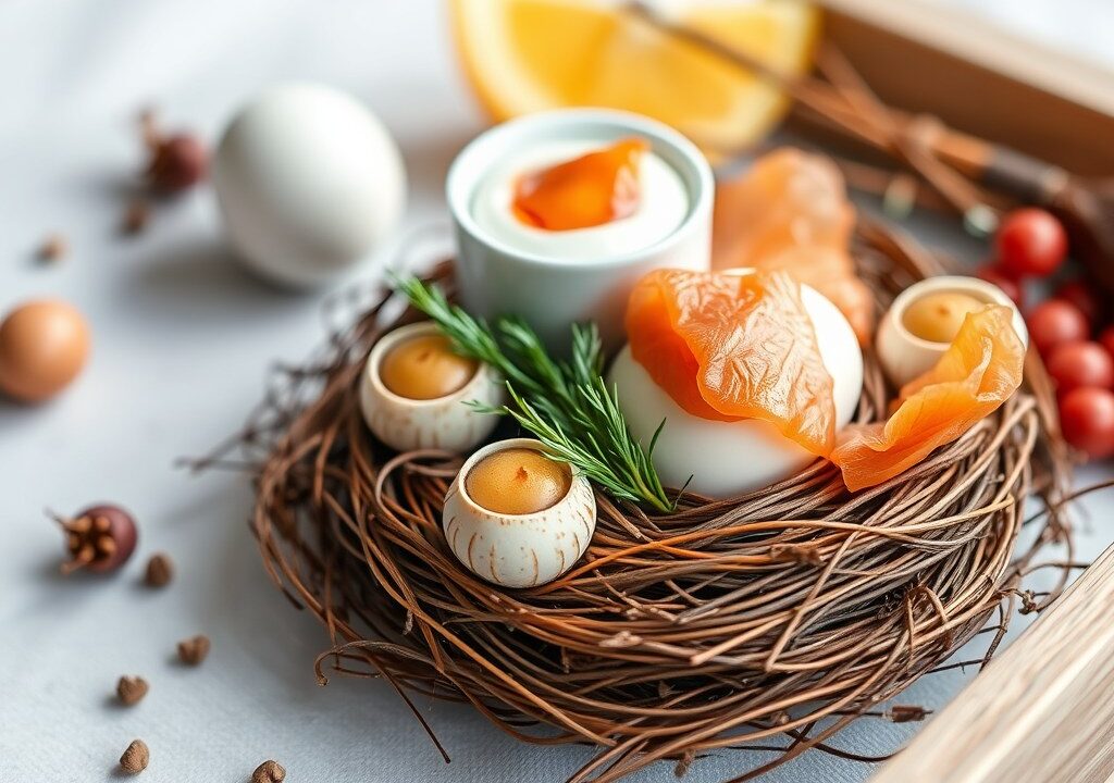 Paassalade met een nestje van gefrituurde mihoen en zalmmousse, AI-gegenereerde illustratie