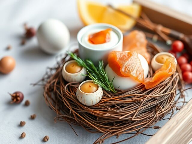 Paassalade met een nestje van gefrituurde mihoen en zalmmousse