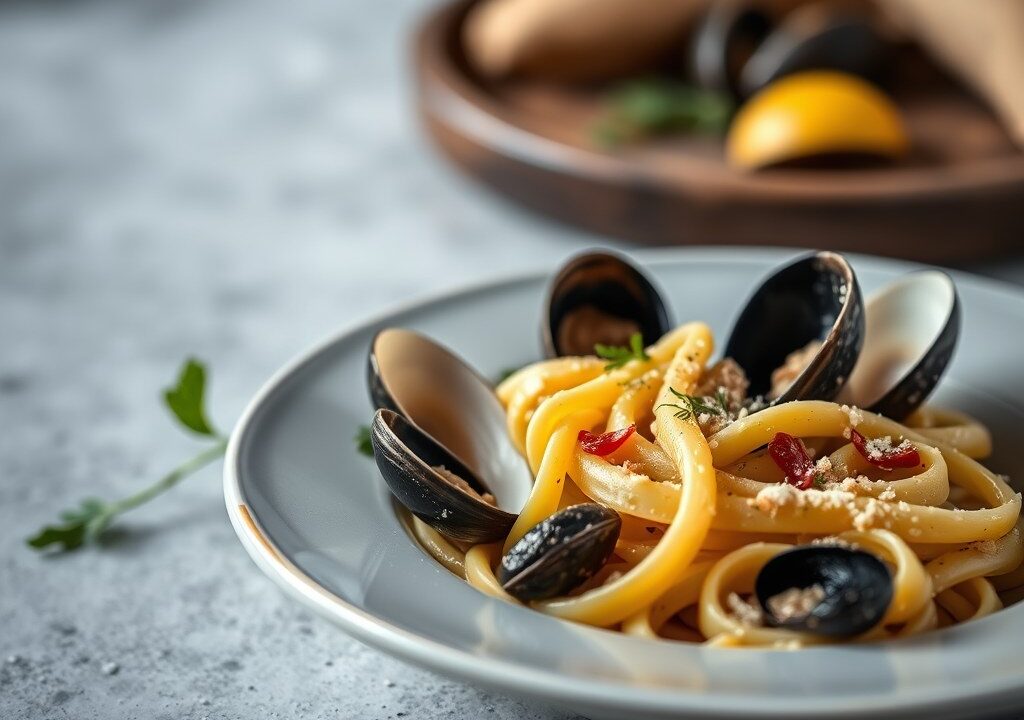 Paccheri Pinolo e Vongole, AI-gegenereerde illustratie