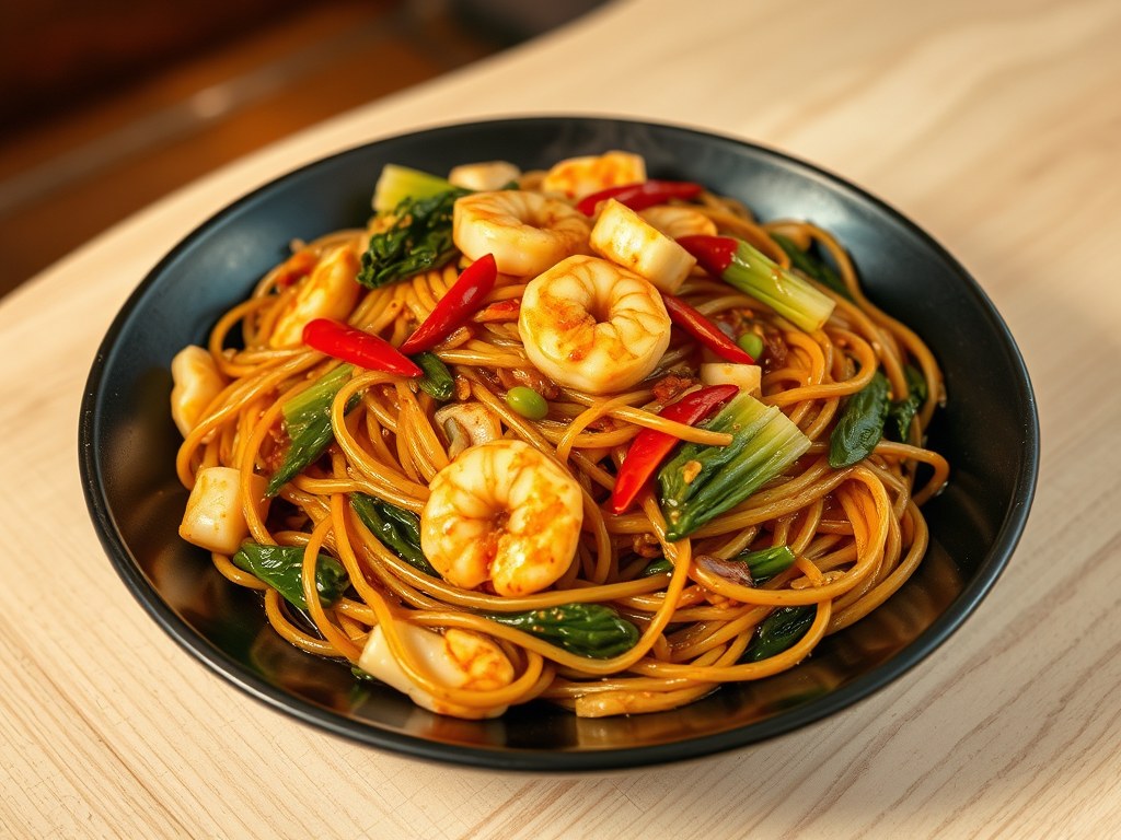 Pad See (Y)ew = Pad Siew (Rijstnoedels met Ei, Vlees en Zoetsaus), AI-gegenereerde illustratie