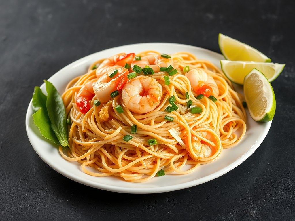 Pad Thai met grote garnalen, AI-gegenereerde illustratie