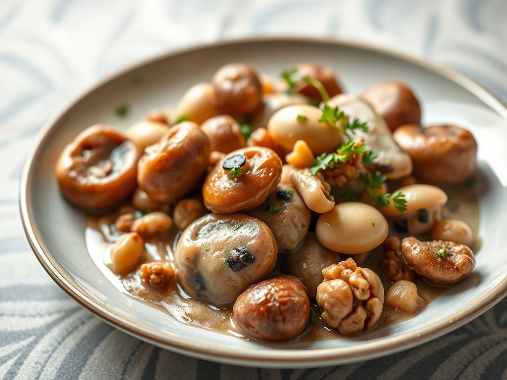 Paddestoelen-notenragout met witte wijn, AI-gegenereerde illustratie