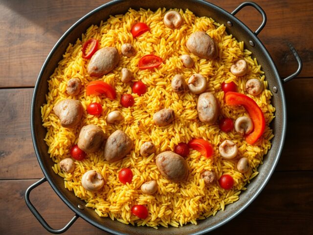 Paella met konijn en inktvis