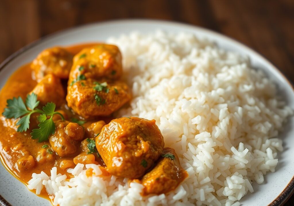 Pakistaanse curry met rijst, AI-gegenereerde illustratie