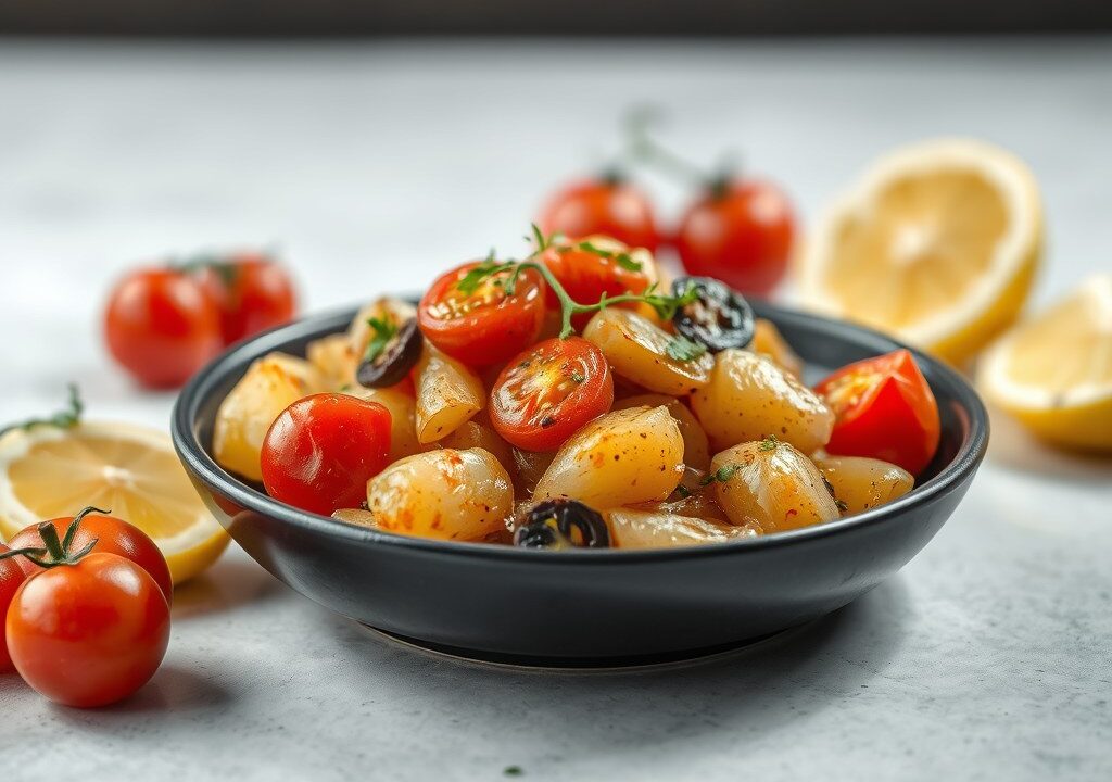 Pakketje met pangasiusfilet, aardappelen, ui en tomaat., AI-gegenereerde illustratie