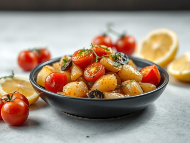 Pakketje met pangasiusfilet, aardappelen, ui en tomaat. — AI-gegenereerde illustratie