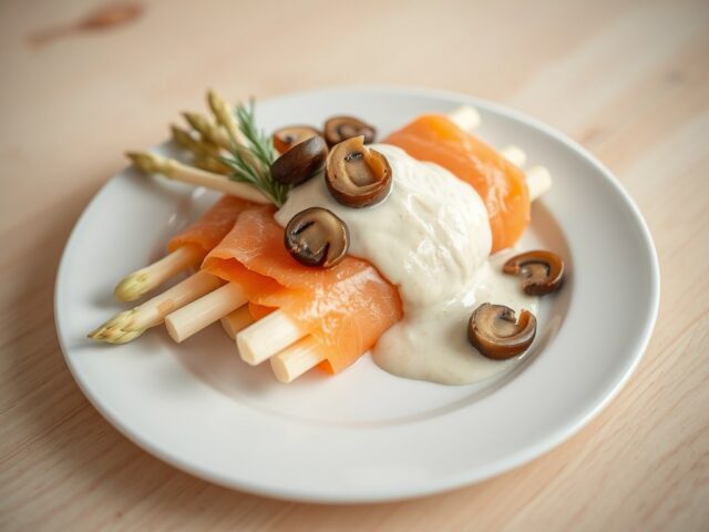 Pakketje van witte asperges in gerookte zalm