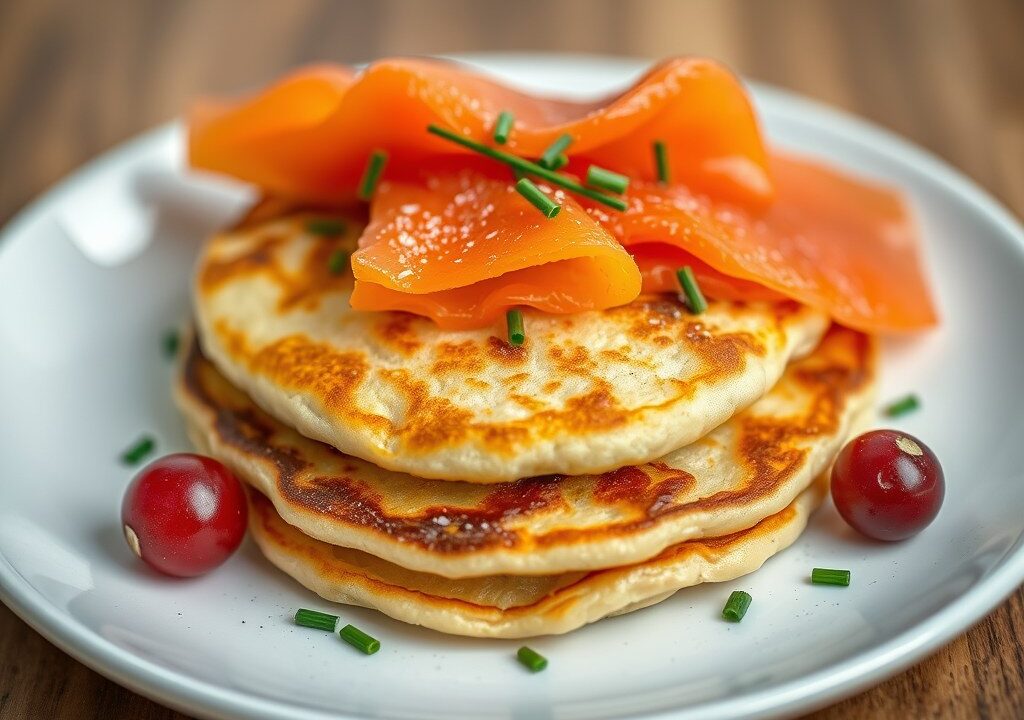 Pancake met tartaar van zalm, AI-gegenereerde illustratie
