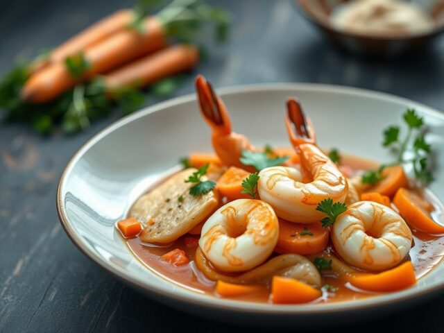 Panga met garnalen in zoetzure saus — AI-gegenereerde illustratie