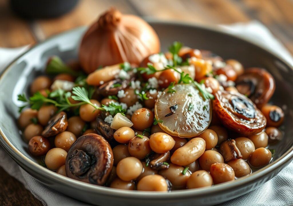 Panga op roergebakken boontjes en champignons, AI-gegenereerde illustratie