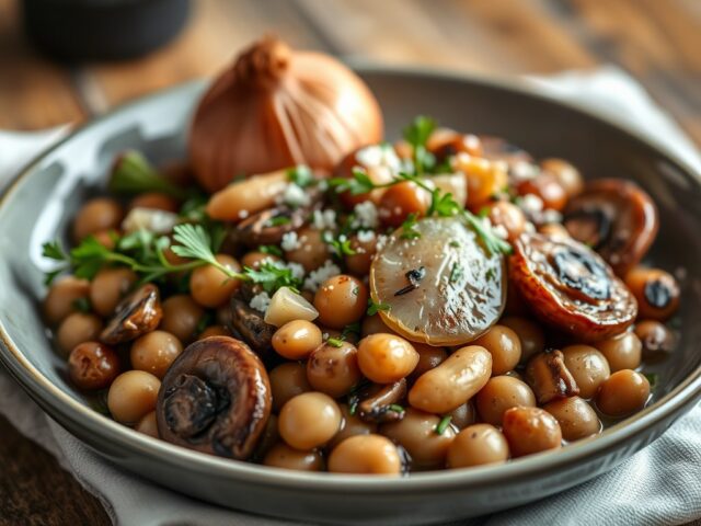 Panga op roergebakken boontjes en champignons