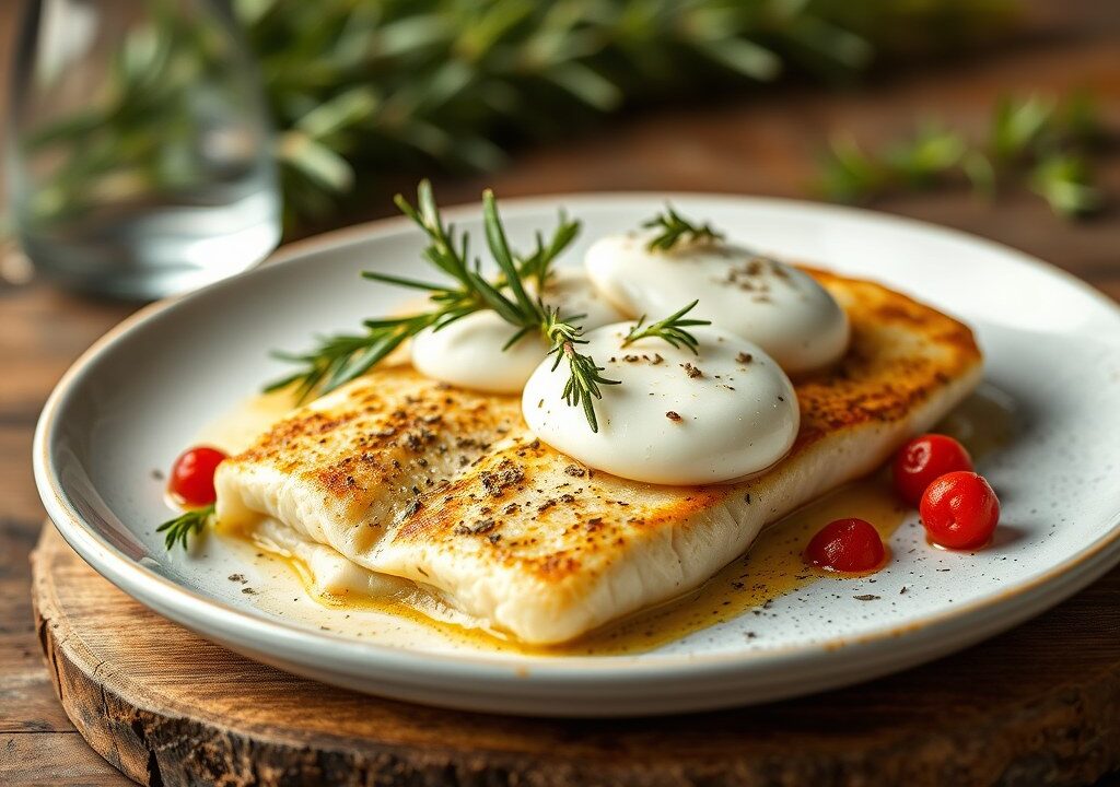 Pangasiusfilet met mozzarella en kerstomaatjes, AI-gegenereerde illustratie