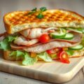 Panini van lagoustinestaartjes met gerookte eendenborst, trostomaatjes, komkommer en Granny Smith