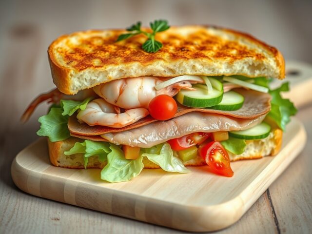 Panini van lagoustinestaartjes met gerookte eendenborst, trostomaatjes, komkommer en Granny Smith