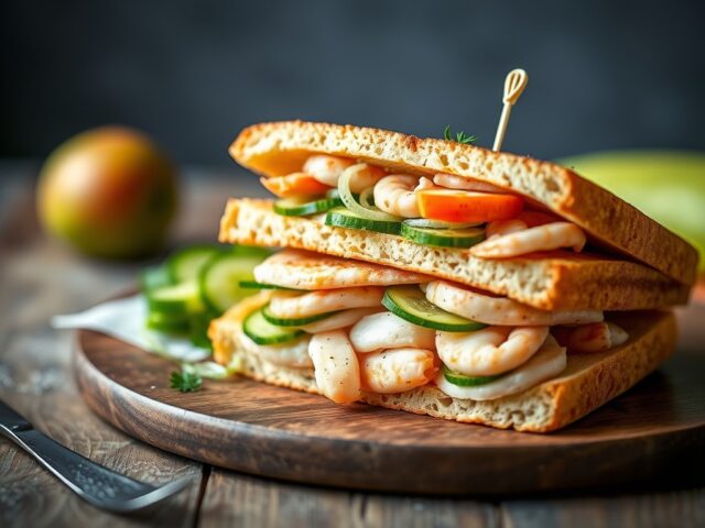 Panini van lagoustinestaartjes met gerookte eendenborst, trostomaatjes, komkommer en Granny Smith — AI-gegenereerde illustratie