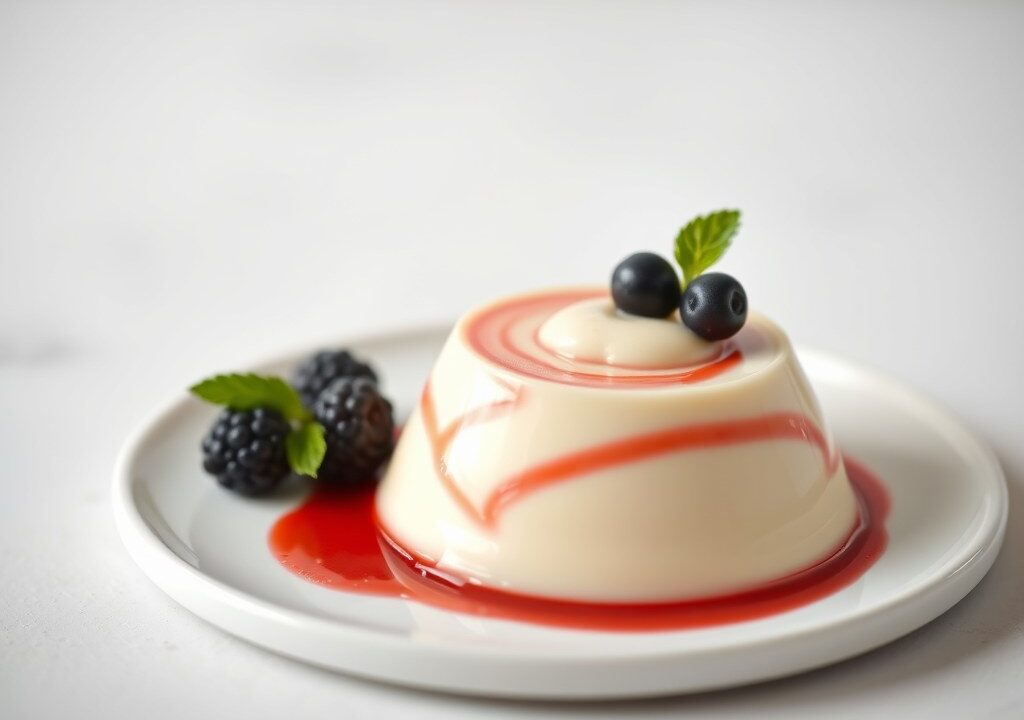 Panna cotta met Amarena-kersen, AI-gegenereerde illustratie