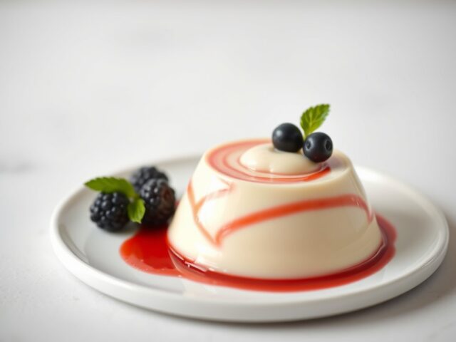 Panna cotta met Amarena-kersen — AI-gegenereerde illustratie