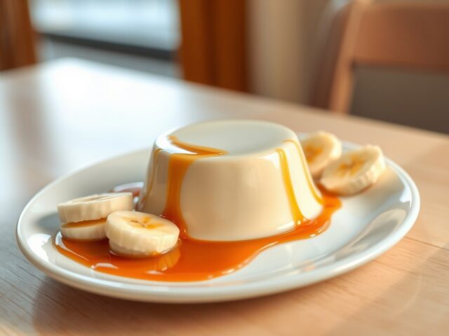 Panna cotta met banaan en sinaasappel-karamelsaus