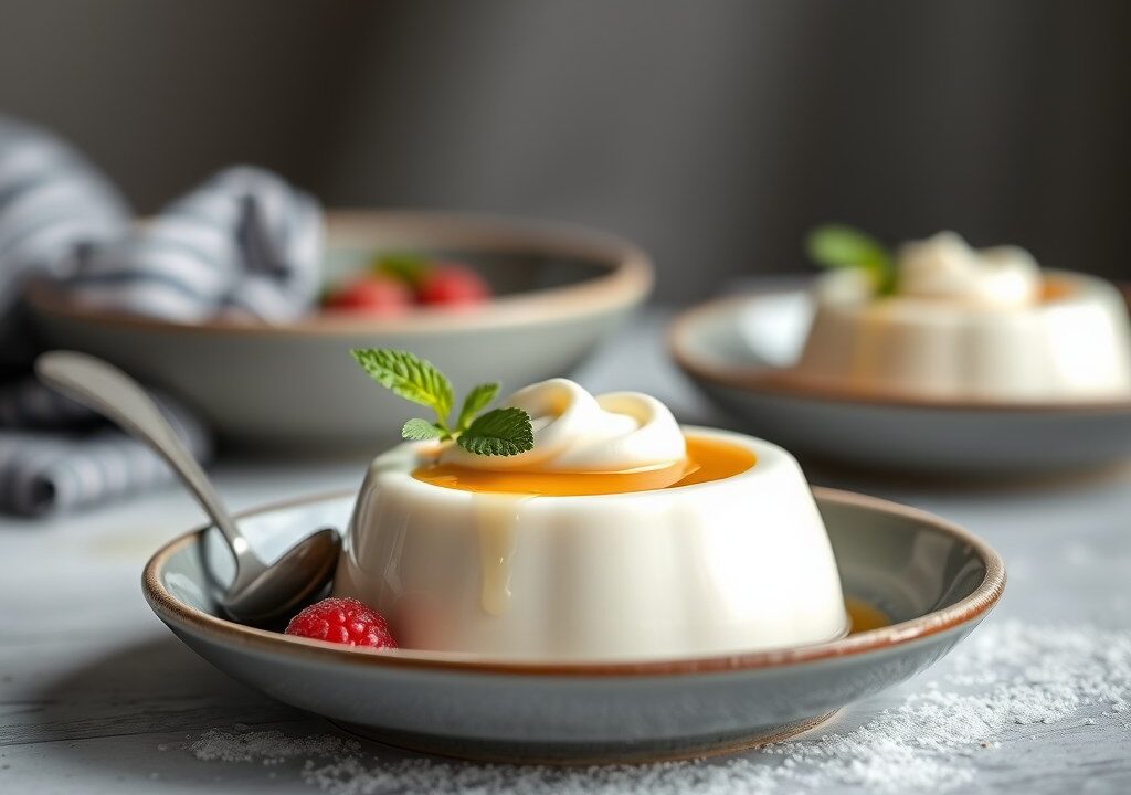 Panna Cotta met Geglaceerde Kersen, AI-gegenereerde illustratie