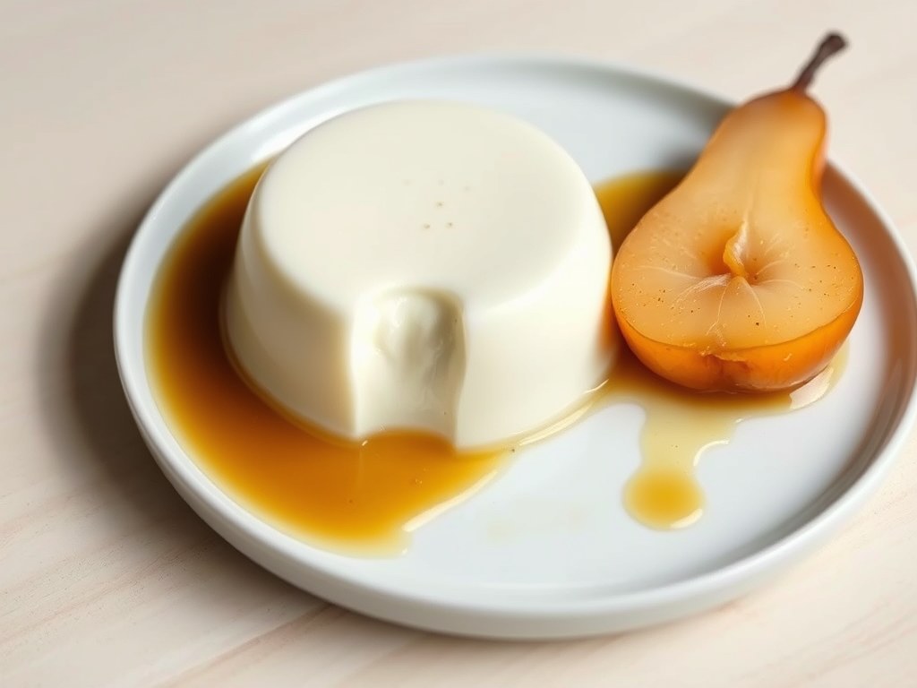 Panna cotta met gestoofde peer en karamelsaus, AI-gegenereerde illustratie