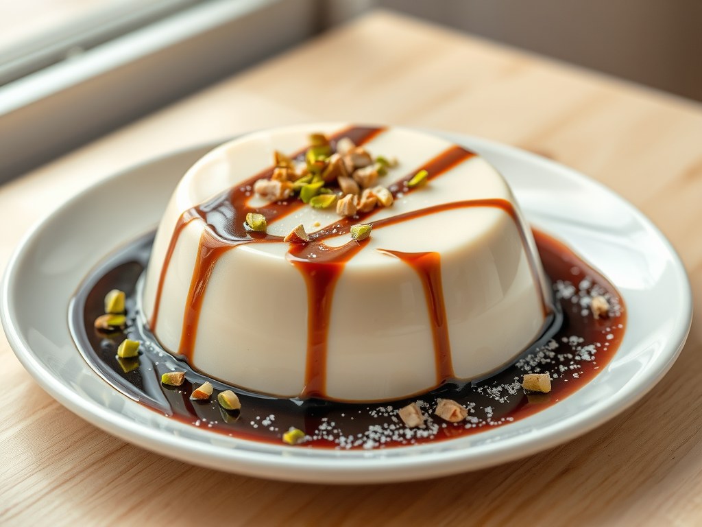 Panna cotta met koffie, AI-gegenereerde illustratie