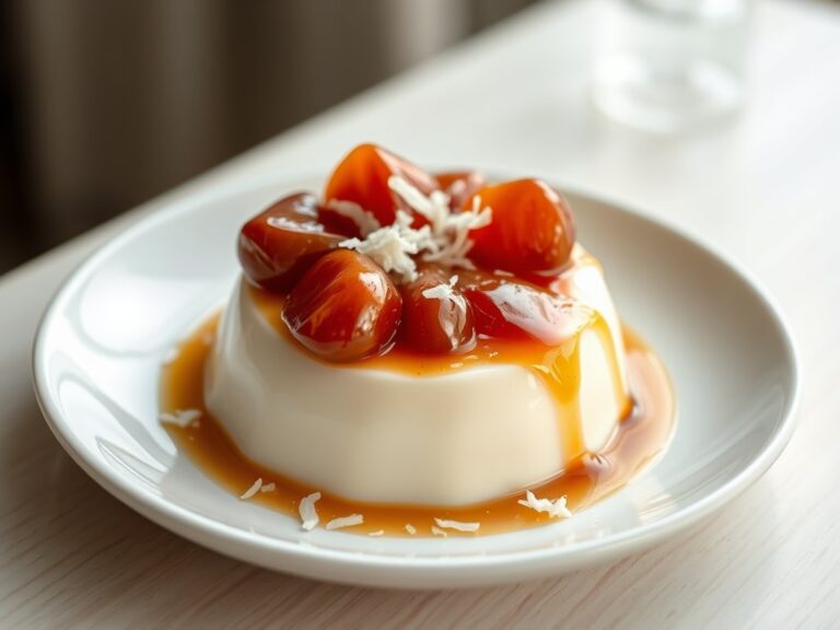 Panna cotta met kokosmelk en gekarameliseerde lych