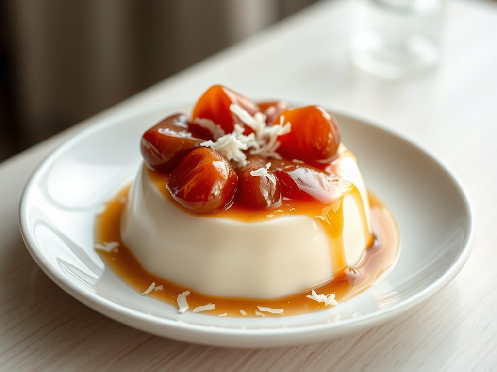 Panna cotta met kokosmelk en gekarameliseerde lych, AI-gegenereerde illustratie
