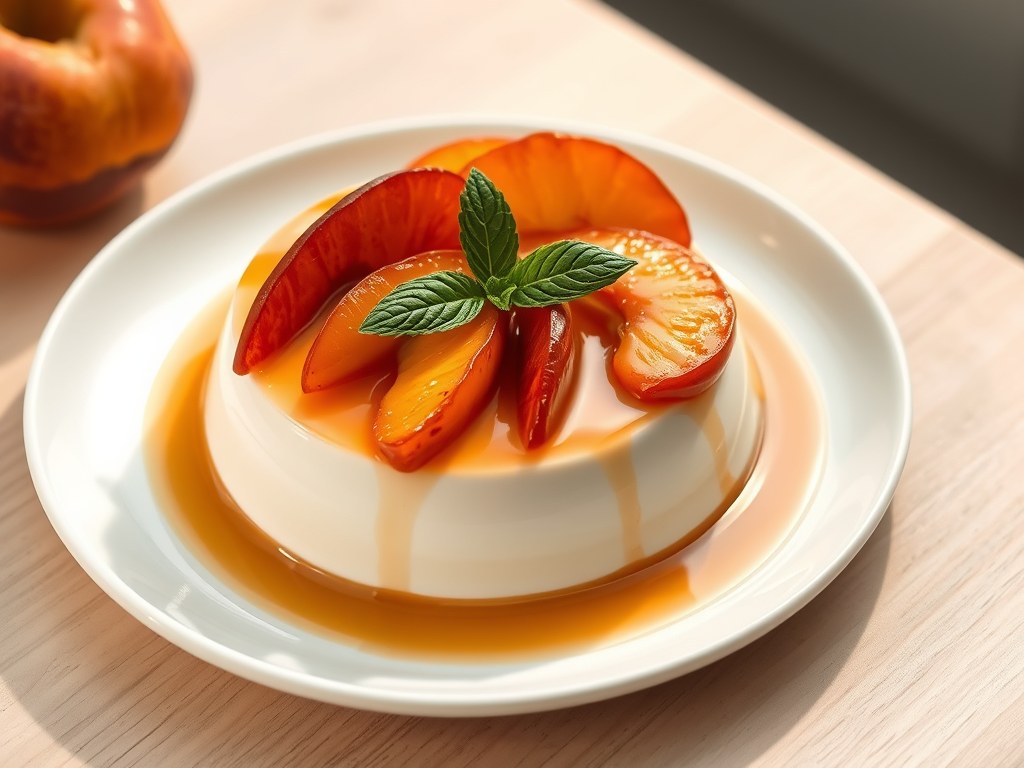 Panna cotta met perziken en abrikozen, AI-gegenereerde illustratie