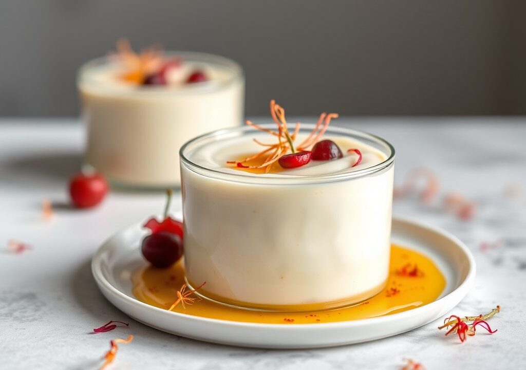 Panna cotta met saffraan en abrikozen, AI-gegenereerde illustratie