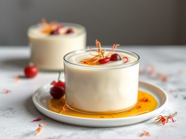 Panna cotta met saffraan en abrikozen — AI-gegenereerde illustratie