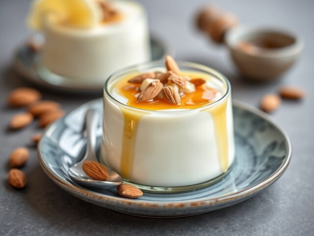 Panna cotta van honing en amandelnoten — AI-gegenereerde illustratie