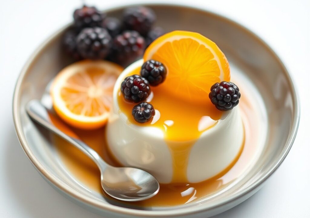 Panna cotta van koffie met sinaasappel-gembersaus — AI-gegenereerde illustratie