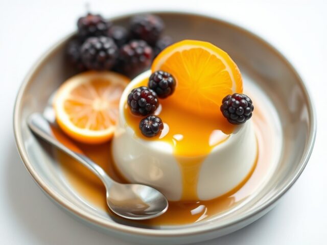 Panna cotta van koffie met sinaasappel-gembersaus — AI-gegenereerde illustratie