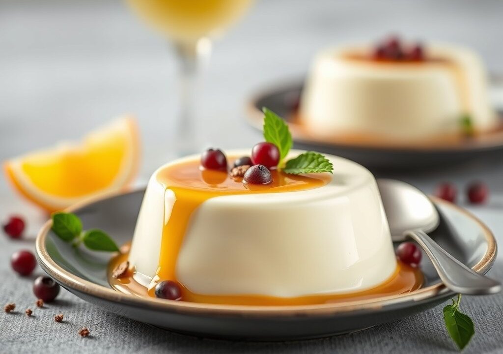 Panna cotta van kokos met meloen en sechuanpeper — AI-gegenereerde illustratie