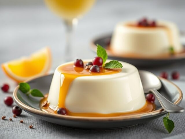 Panna cotta van kokos met meloen en sechuanpeper — AI-gegenereerde illustratie