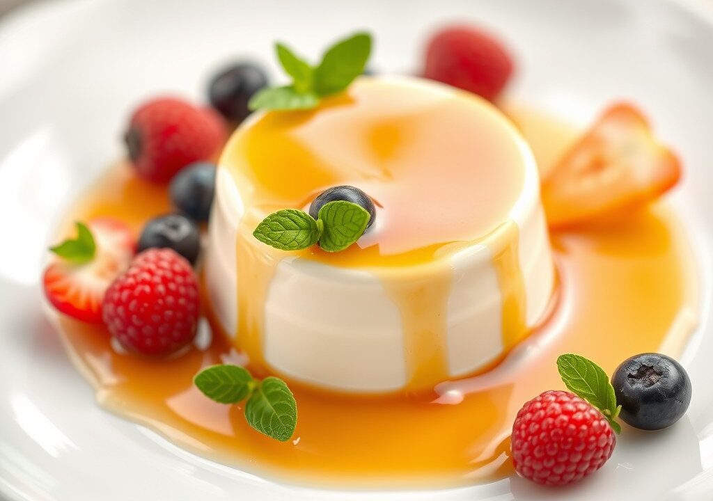 Pannacotta met vruchtensaus, AI-gegenereerde illustratie