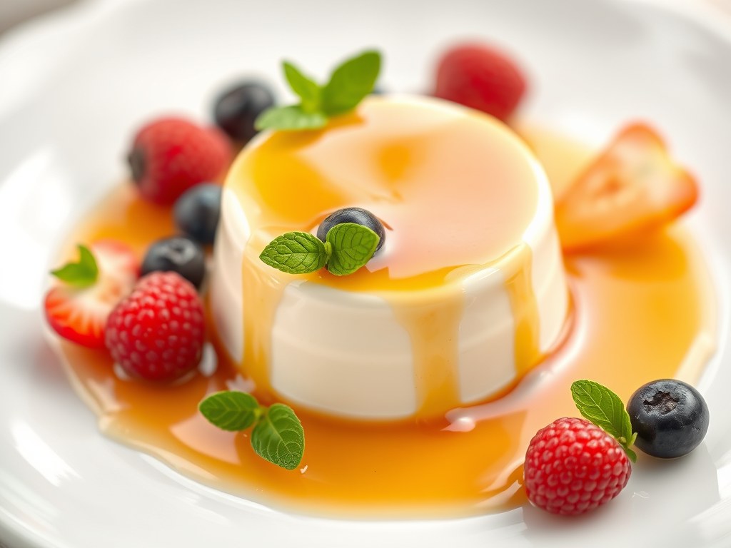 Pannacotta met vruchtensaus, AI-gegenereerde illustratie