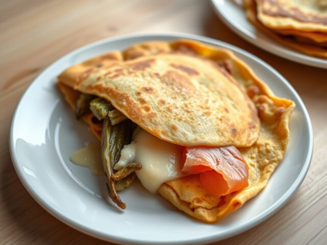 Pannenkoeken gevuld met witlof, ham en kaas