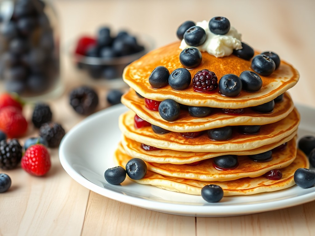 Pannenkoeken met bosvruchten, AI-gegenereerde illustratie