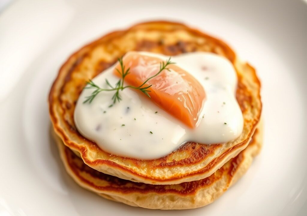 Pannenkoektaartje met zalm en dillesaus, AI-gegenereerde illustratie
