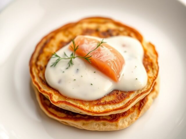Pannenkoektaartje met zalm en dillesaus