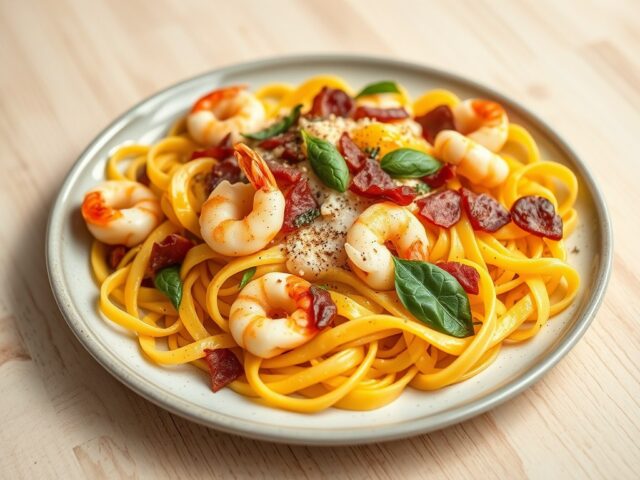 Papardelle met scampis, kerriesaus en knapperige pancetta