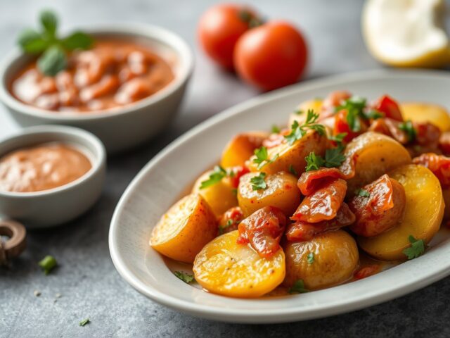 Papas arrugadas con mojo picon: aardappeltjes in schil gekookt met saus — AI-gegenereerde illustratie